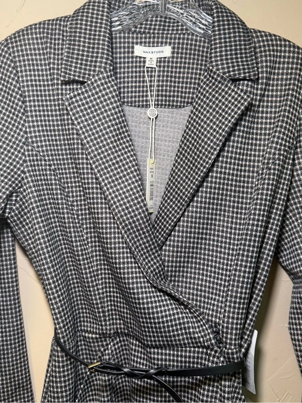 NWT Max Studio Checked Midi Blazer Dress Faux Wrap Long Sleeve Belted Business - Picture 8 of 15